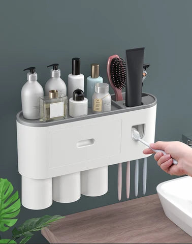 Buyways Toothbrush Holder Wall Mounted with Automatic Toothpaste Dispenser and 3 Cups for Bathroom Storage Organizer - Grey - BuyWays