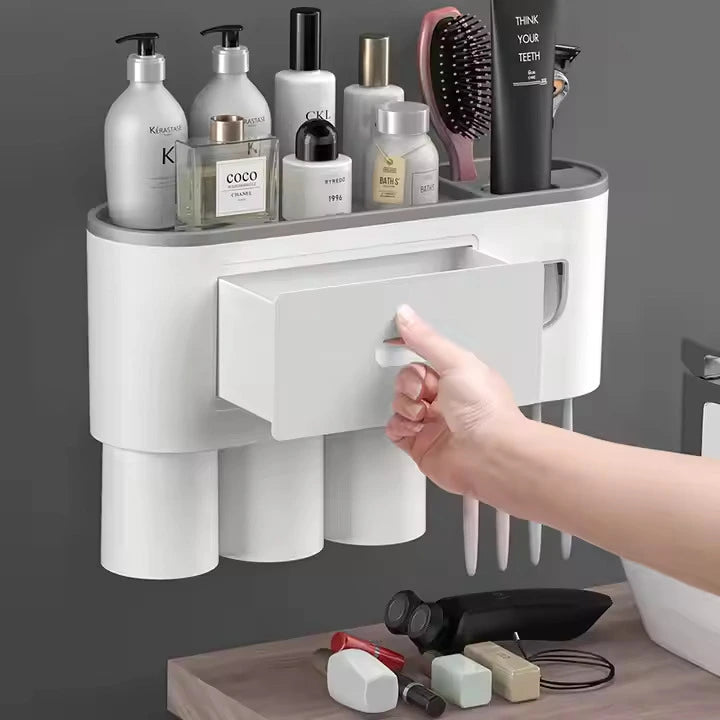 Buyways Toothbrush Holder Wall Mounted with Automatic Toothpaste Dispenser and 3 Cups for Bathroom Storage Organizer - Grey - BuyWays