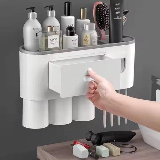 Buyways Toothbrush Holder Wall Mounted with Automatic Toothpaste Dispenser and 3 Cups for Bathroom Storage Organizer - Grey - BuyWays